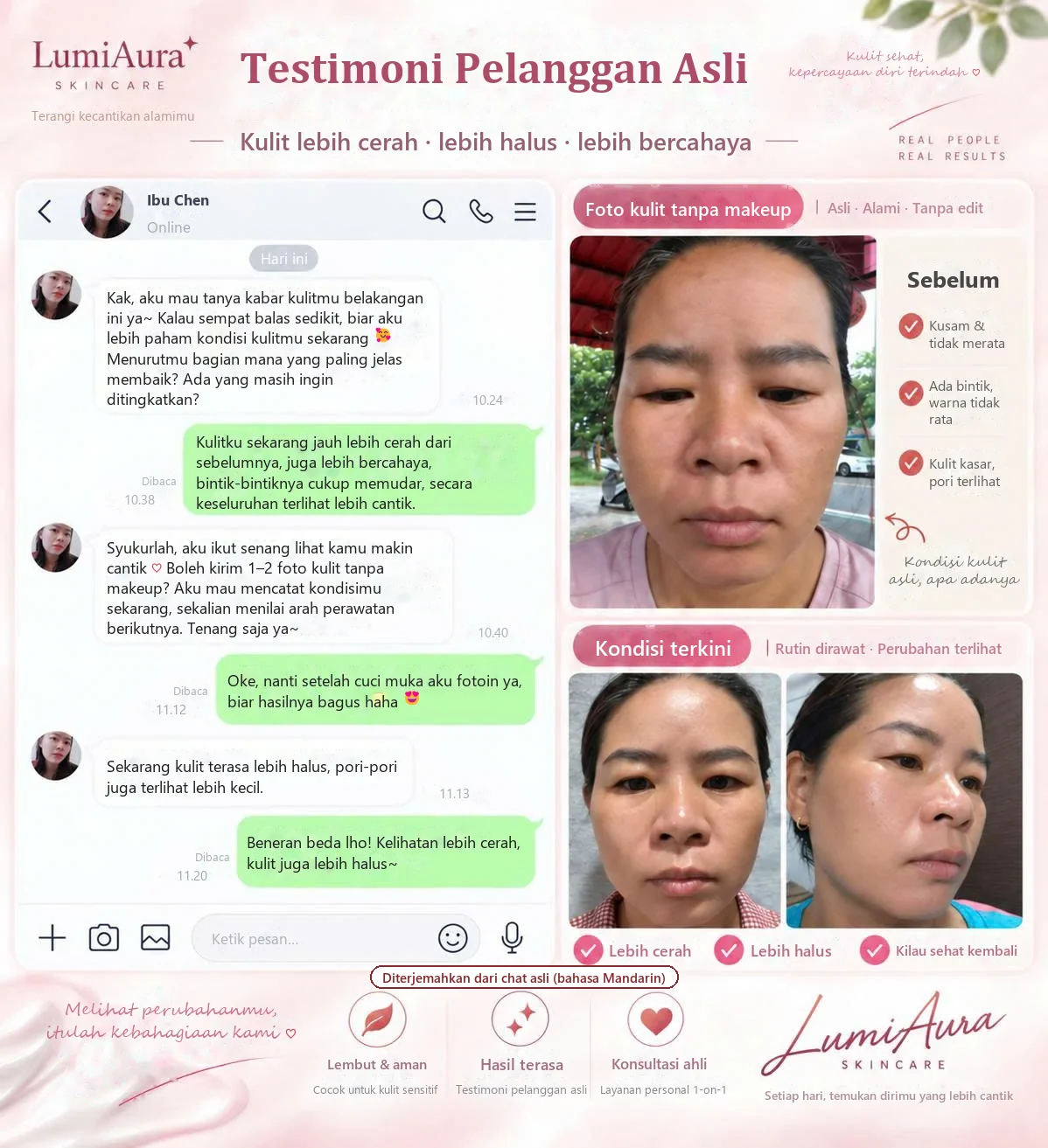 Testimoni pelanggan asli: chat LINE dan foto wajah tanpa makeup, sebelum dan sesudah